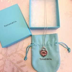 Tiffany & Co. Blue Enamel Trim Heart Tag Charm w/ Beaded Chain
